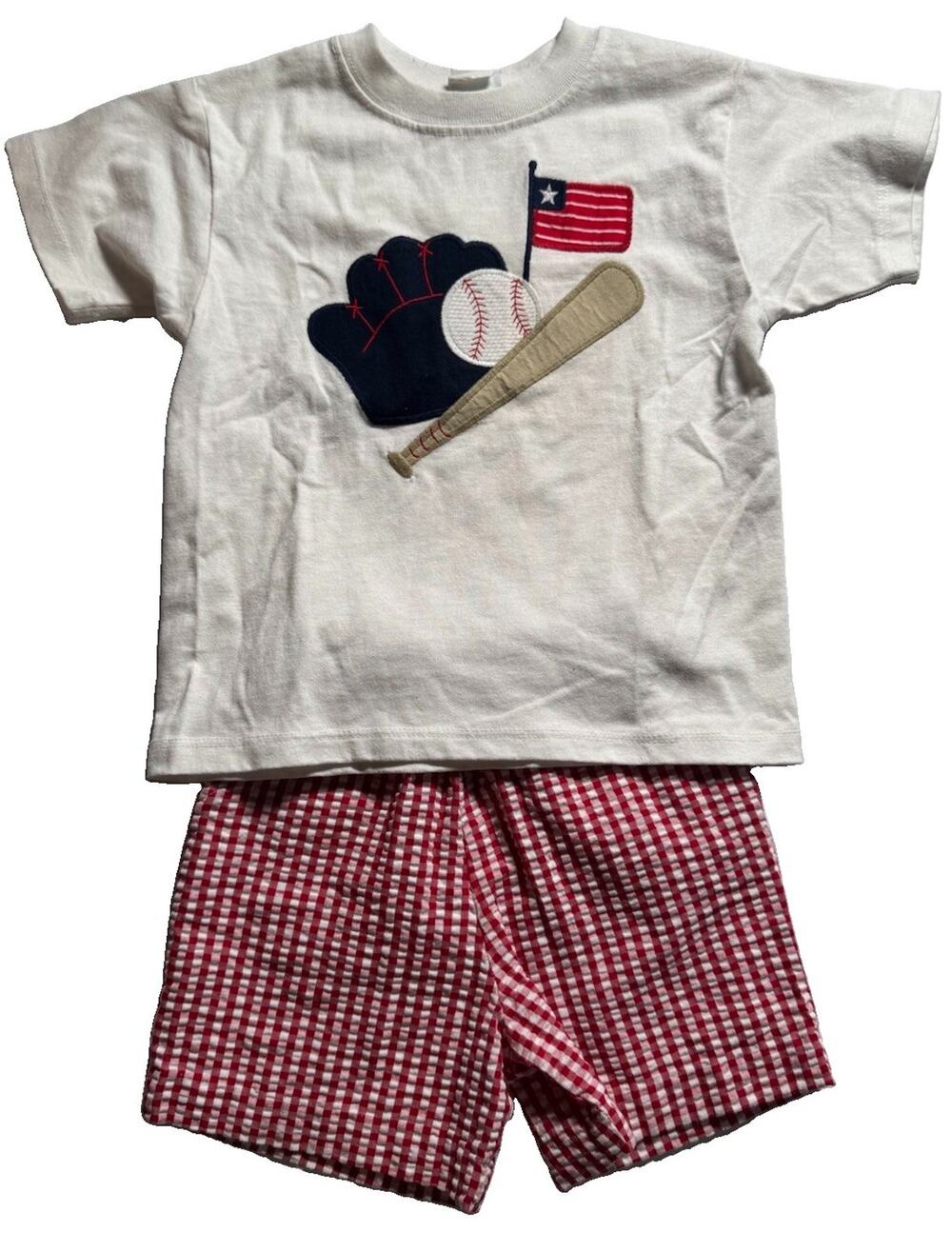 The Bailey Boys Boys 3T Baseball Patriotic Applique Shirt Gingham Shorts Set